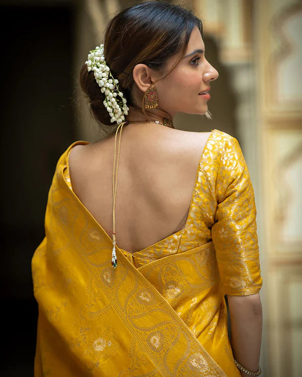 Womenline Yellow Color Banarasi Jacquard Zari Weaving Saree