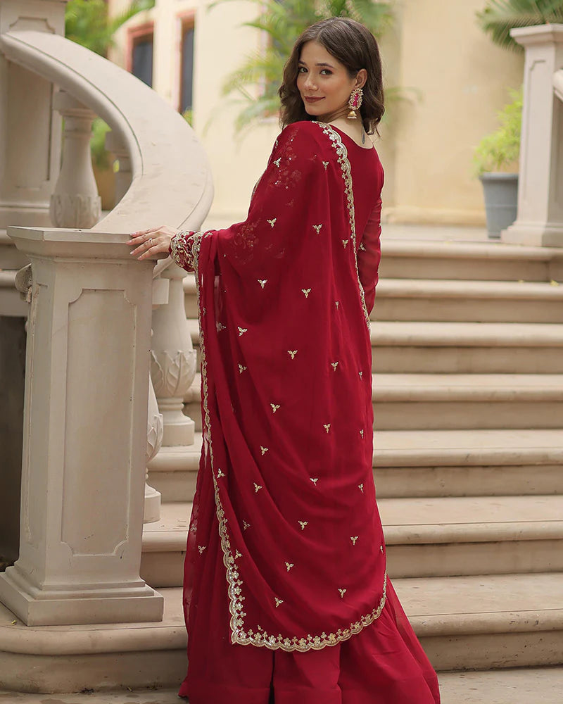 Womenline Maroon Color Faux Blooming Multi Embroidered Work Gown