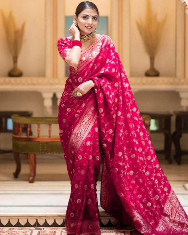 Womenline Rani Pink Color Banarasi Jacquard With Zari Work Saree
