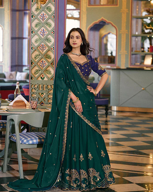 Womenline Parrot Green Color Rangoli Silk Embroidered Lehenga Choli