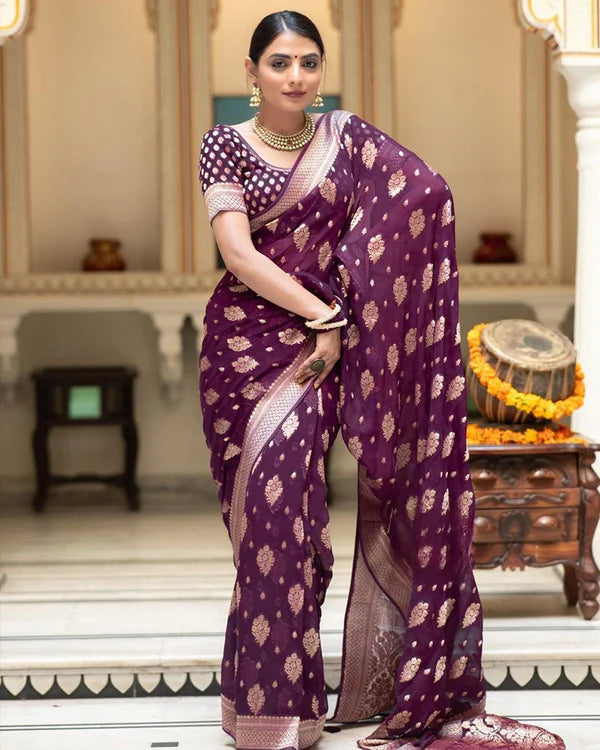 Womenline Wine Color Banarasi All Over Jacquard Soft Silk Saree