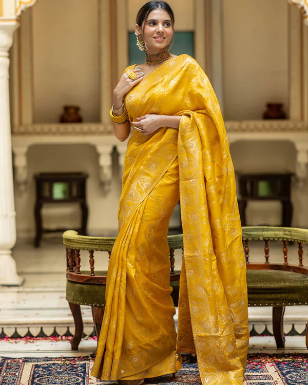Womenline Yellow Color Banarasi Jacquard Zari Weaving Saree