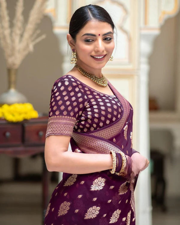 Womenline Wine Color Banarasi All Over Jacquard Soft Silk Saree
