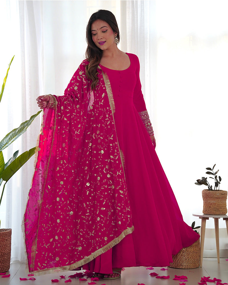 Womenline Rani Pink Color Soft Georgette Anarkali Gown With Heavy Embroidery Work Dupatta