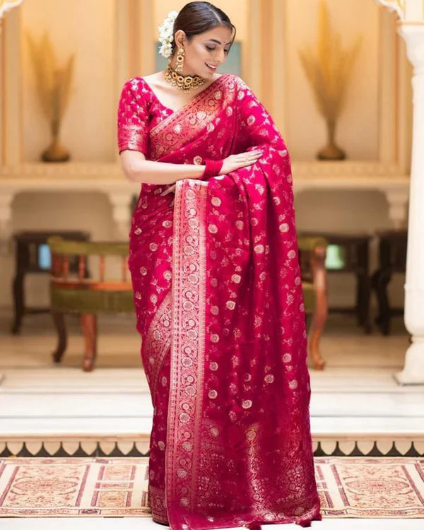 Womenline Rani Pink Color Banarasi Jacquard With Zari Work Saree