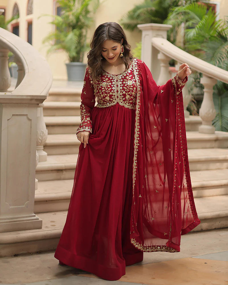 Womenline Maroon Color Faux Blooming Multi Embroidered Work Gown