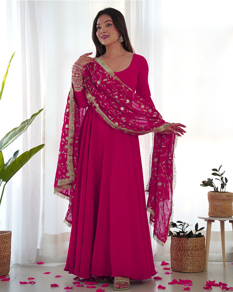 Womenline Rani Pink Color Soft Georgette Anarkali Gown With Heavy Embroidery Work Dupatta