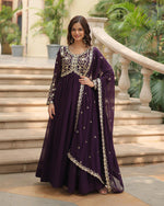 Womenline Wine Color Faux Blooming Multi Embroidered Work Gown