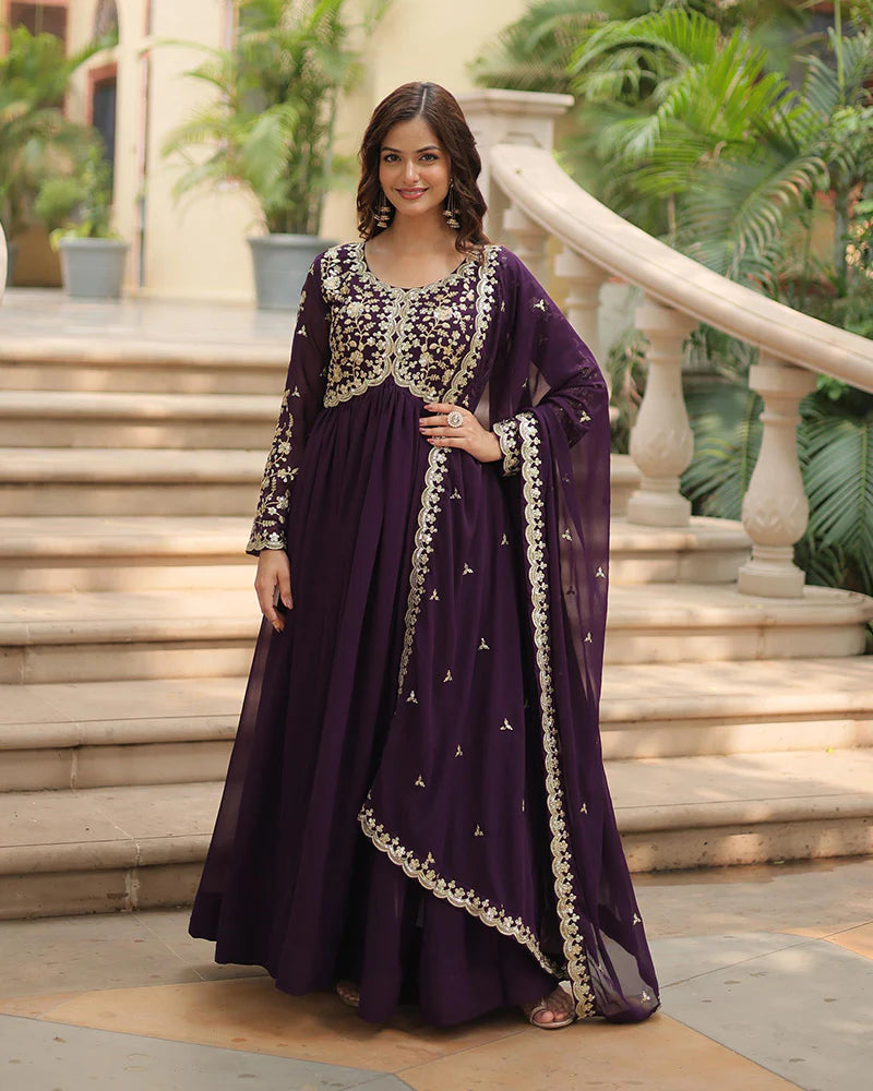 Womenline Wine Color Faux Blooming Multi Embroidered Work Gown
