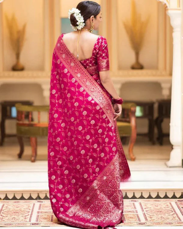 Womenline Rani Pink Color Banarasi Jacquard With Zari Work Saree
