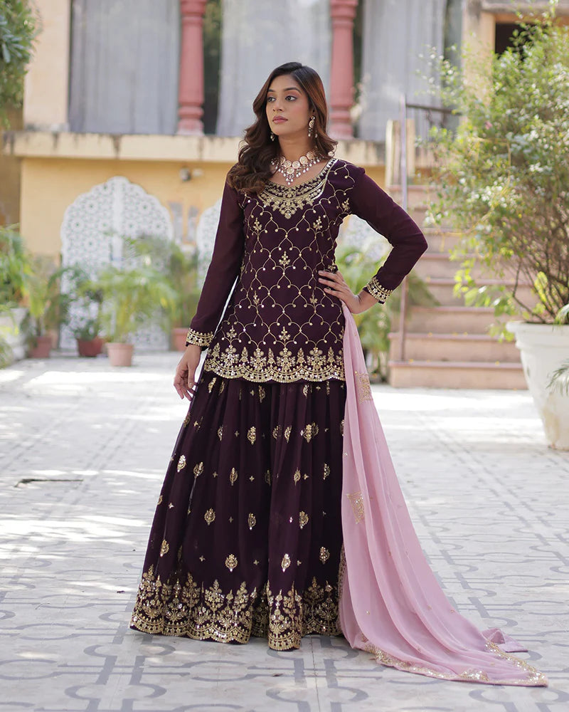 Womenline Wine Color Faux Blooming Embroidered Plazzo Suit