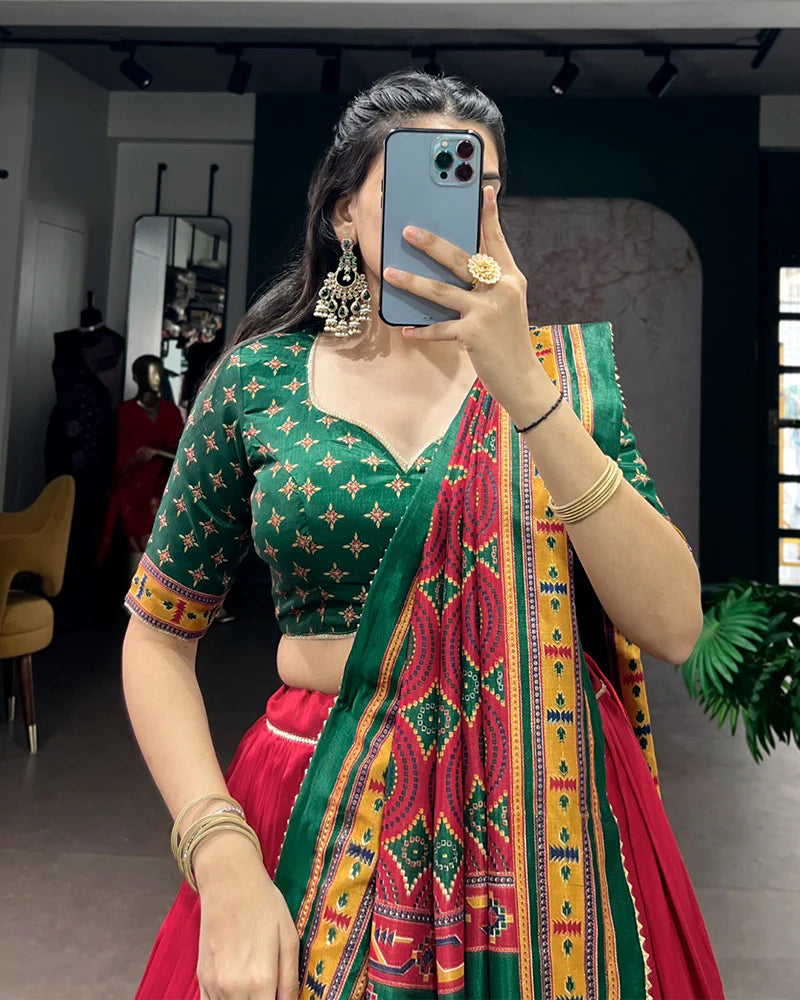 Womenline Red Color Tasar Silk Traditional Lehenga Choli