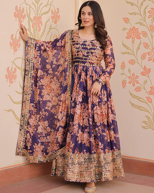 Womenline Wine Color Russian Silk Embroidered Gown