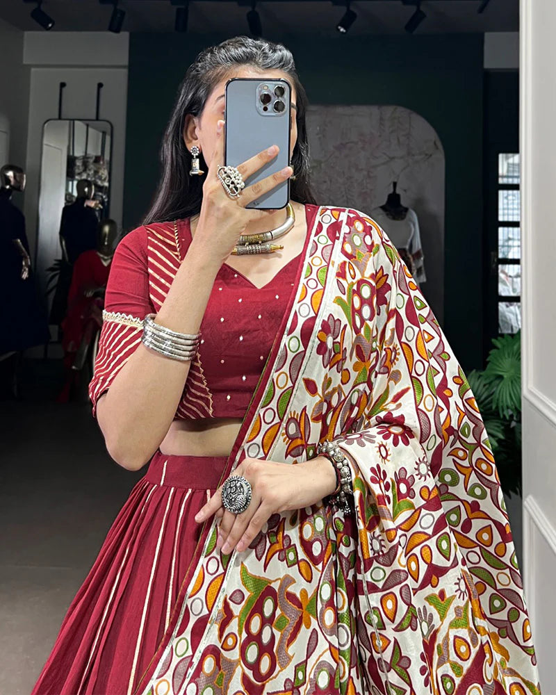 Womenline Traditional Maroon Color Chanderi Navratri Lehenga Choli