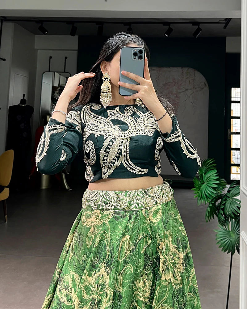 Womenline Firozi Green Color Tasar Silk Printed Embroidered Lehenga Choli