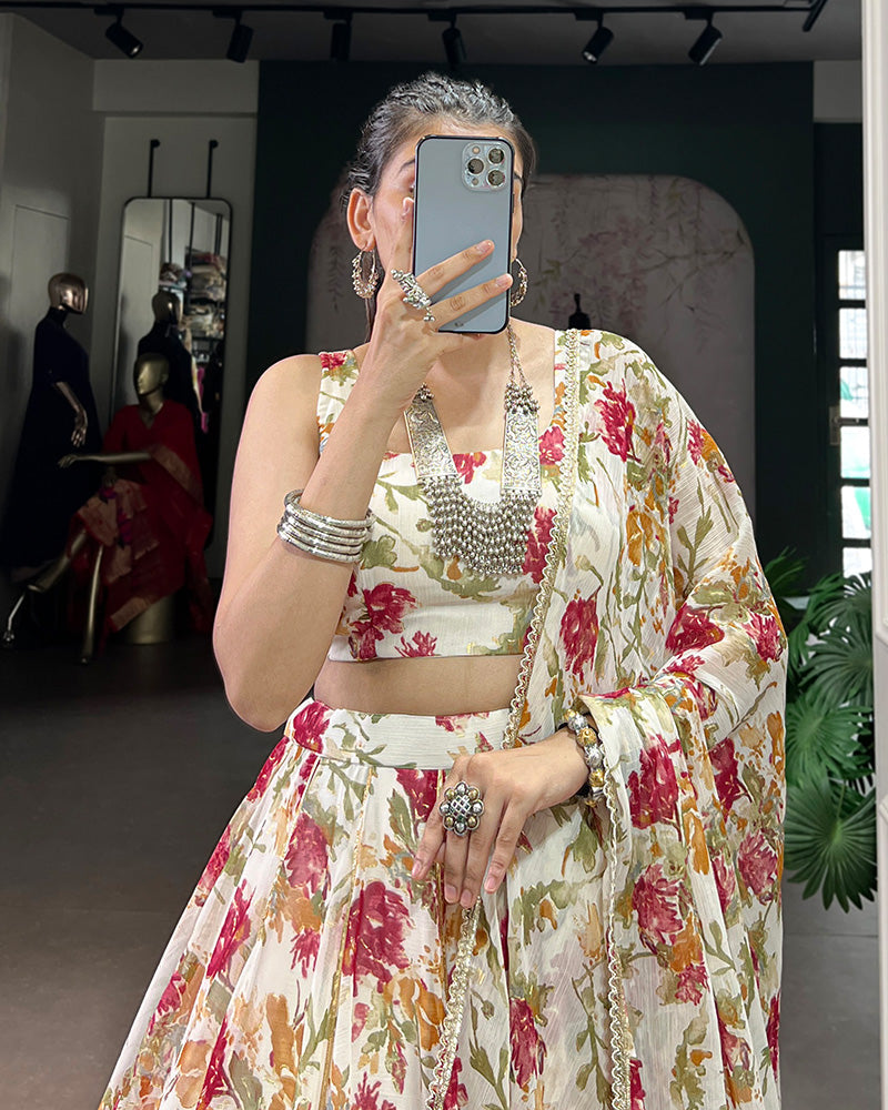 Womenline White Color Chiffon Printed Lehenga Choli