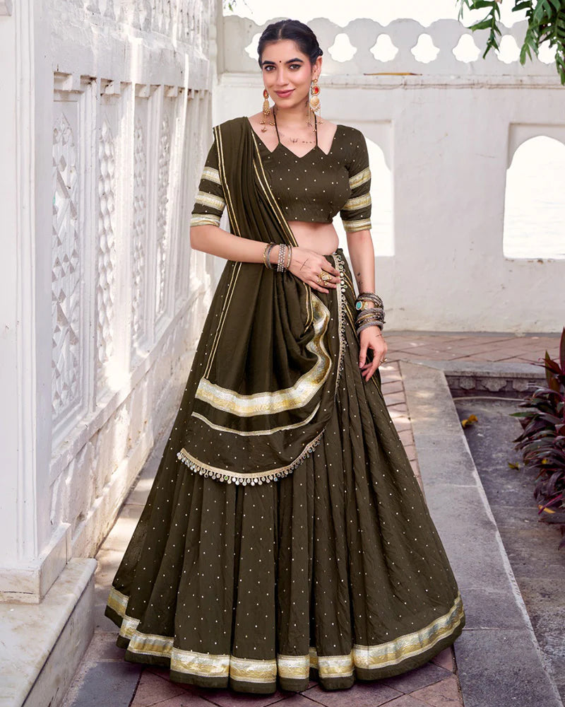 Womenline Classic Mehndi Color Pure Chanderi Navratri Lehenga Choli