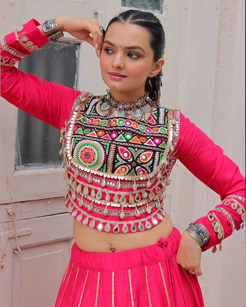 Womenline Pink Color Roman Silk Navratri Lehenga Choli