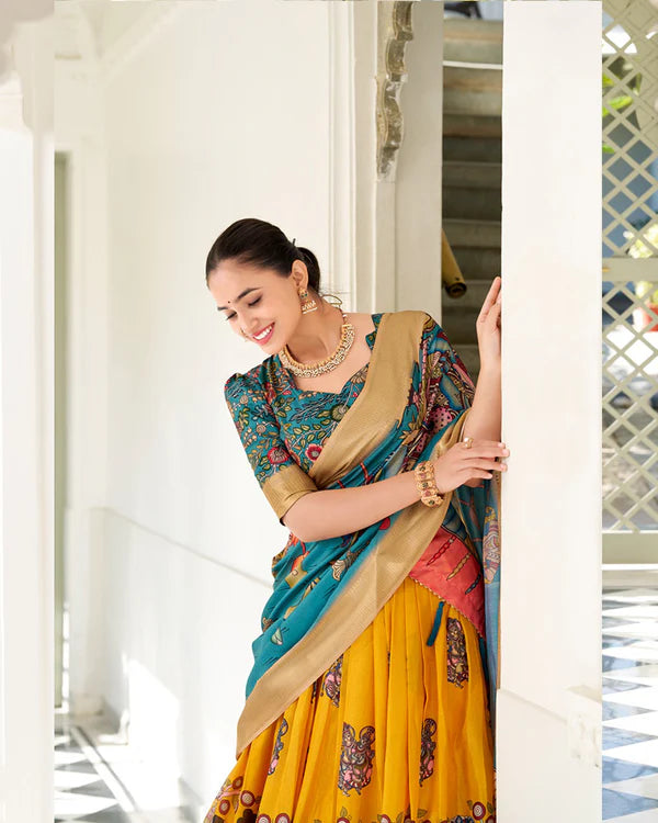 Womenline Yellow Color Dola Silk Designer Kalamkari Print Half Saree