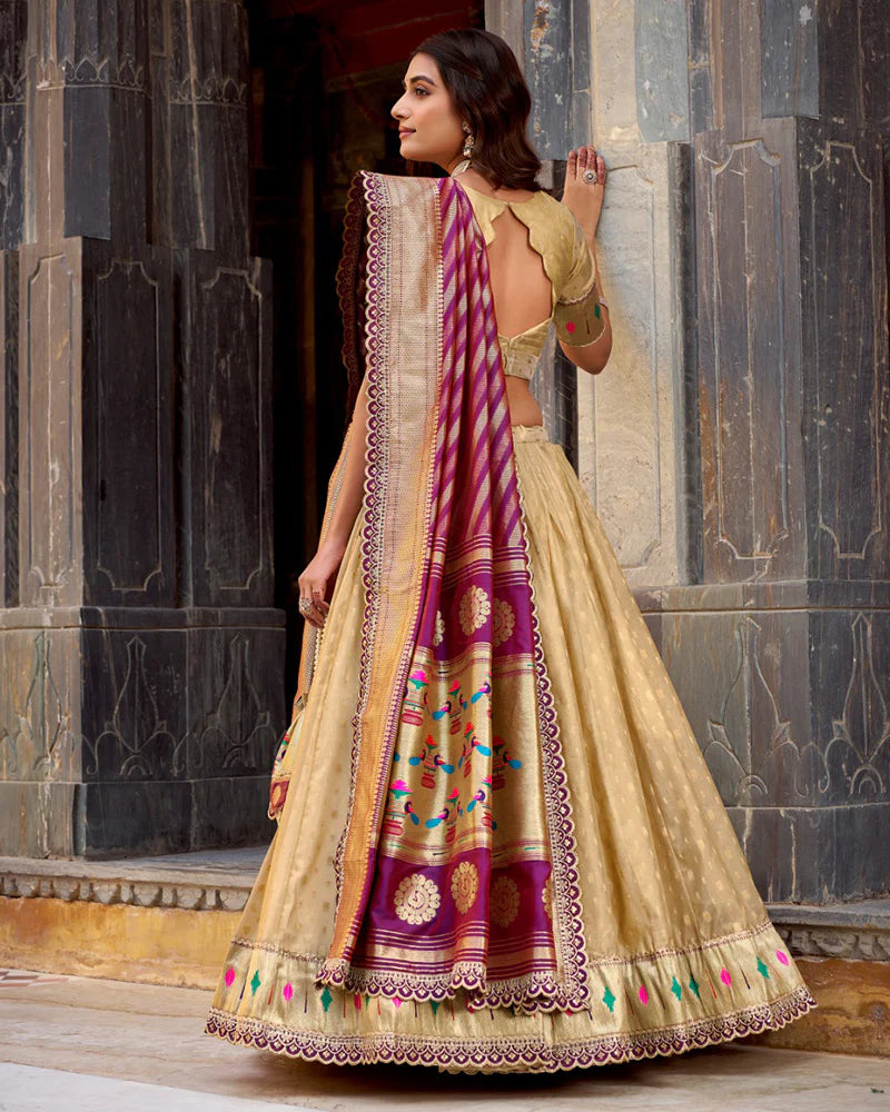 Womenline Cream Color Shimmer Organza Silk Lehenga Choli