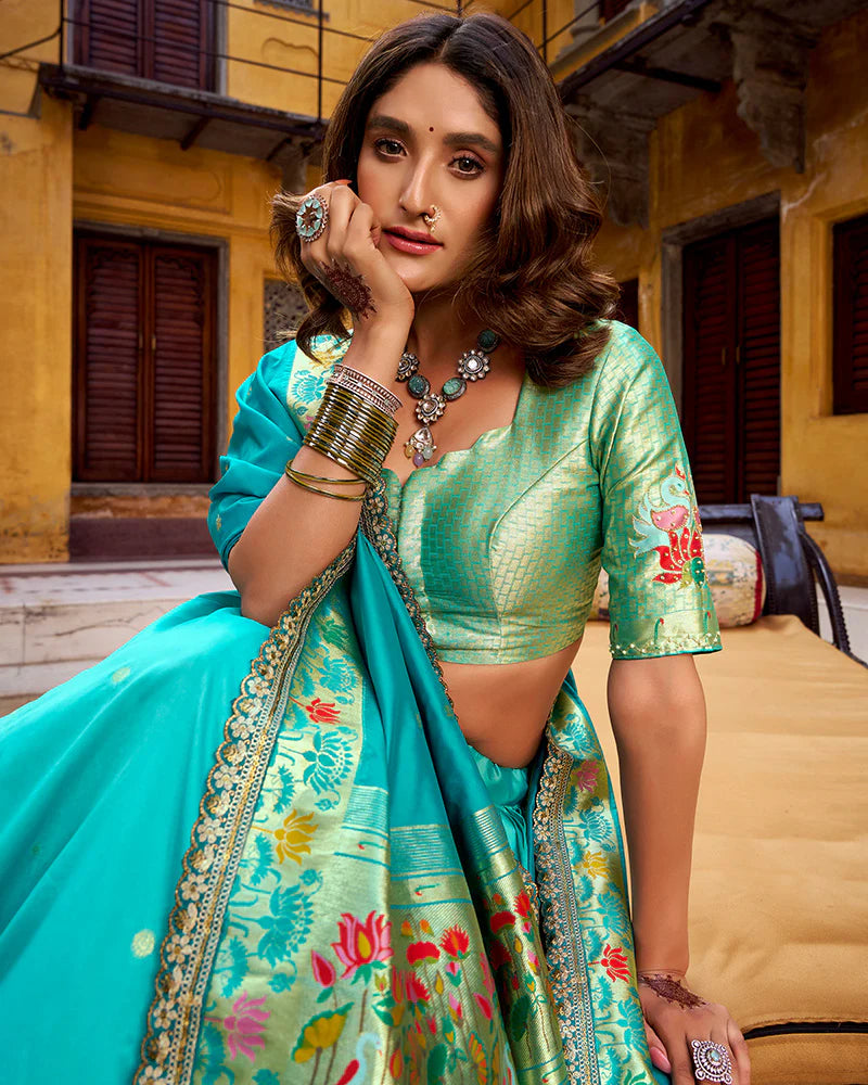 Womenline Sky Blue Color Soft Silk Paithani Lehenga Choli