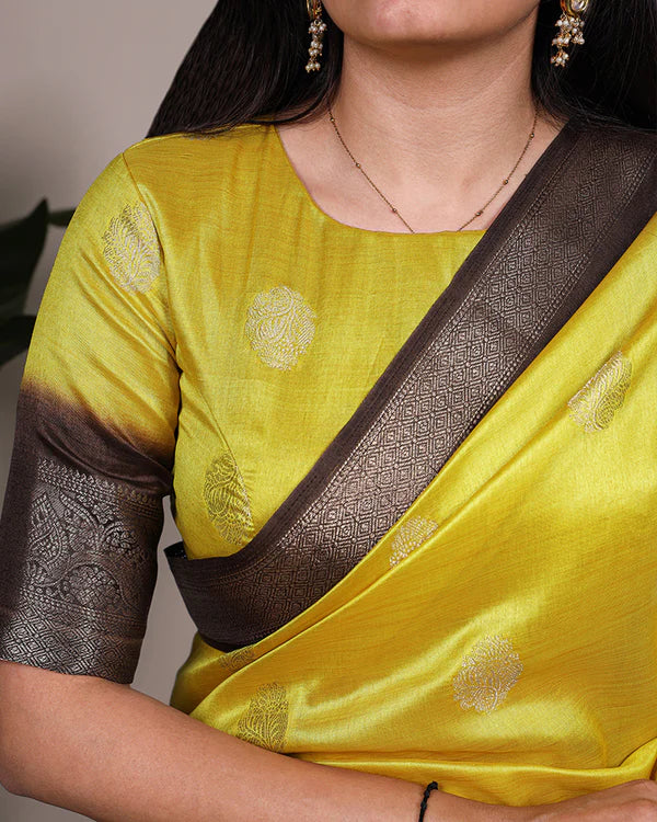 Womenline Bright Yellow Color Rumali Silk Zari Weaving Saree