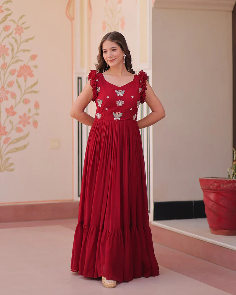 Womenline Red Color Faux Blooming Embroidered work Gown