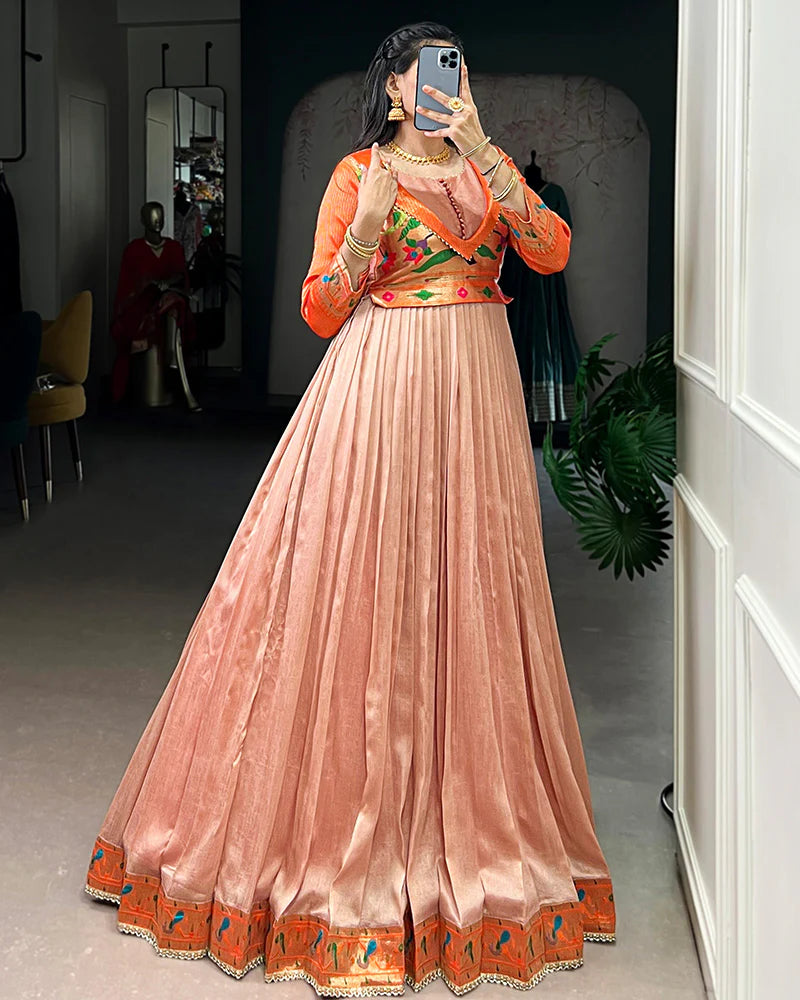Womenline Peach Color Vichitra Silk Zari Weaving Gown