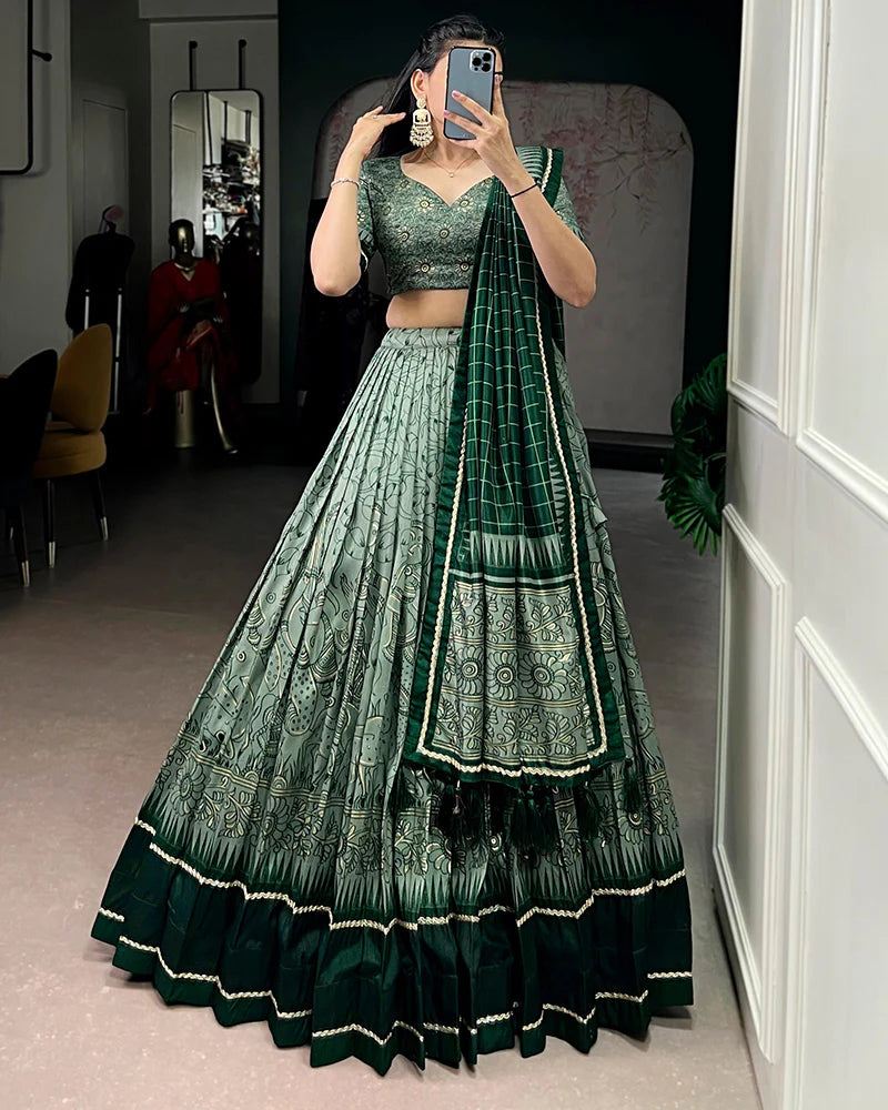 Womenline Green Color Tasar Silk Kalamkari Printed Lehenga Choli