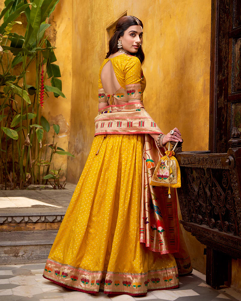 Womenline Mango Color Paithani Silk Zari Weaving Lehenga Choli