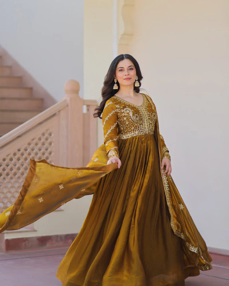 Womenline Mehndi Color Fendi Embroidered Gown