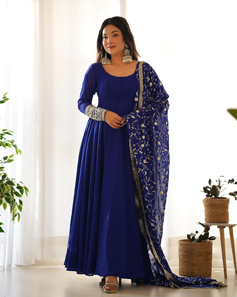 Womenline Blue Color Soft Georgette With Heavy Embroidery Work Dupatta Anarkali Suit