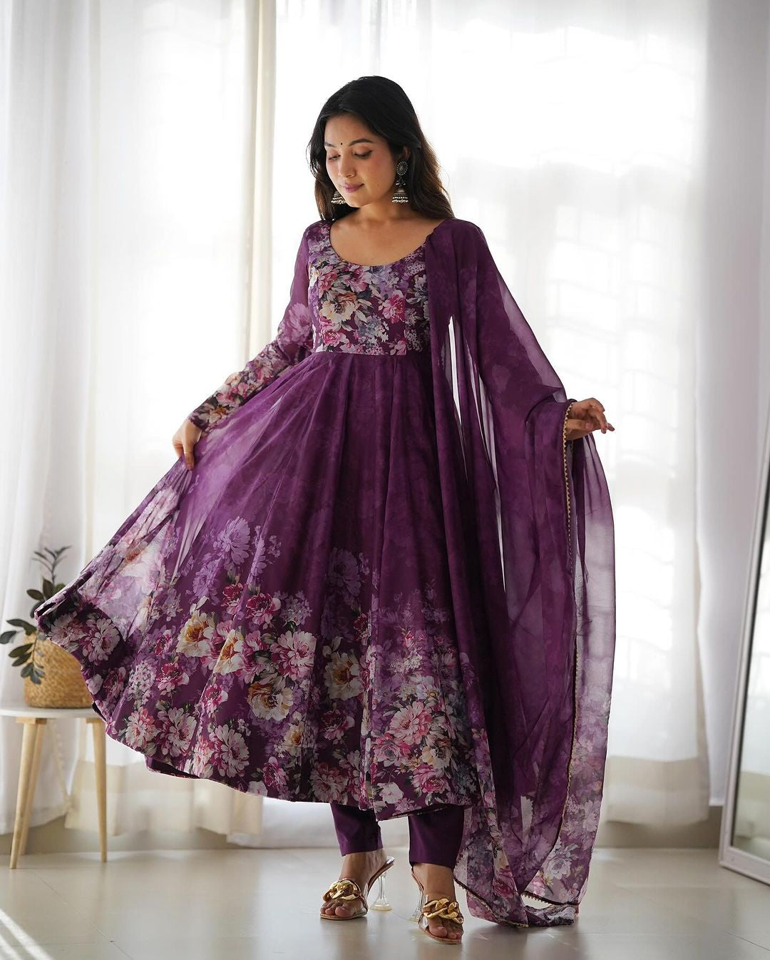 Womenline Wine Color Floral Print Organza Three Piece Anarkali Suit