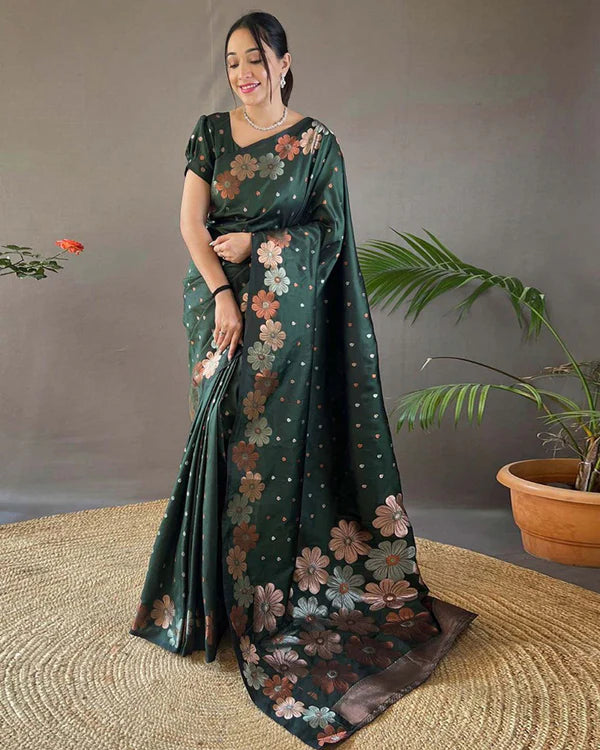 Womenline Jacquard Design Green color Soft Lichi Silk Saree