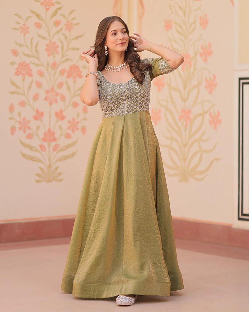 Womenline Mehndi Color Fendi Embroidered work Gown