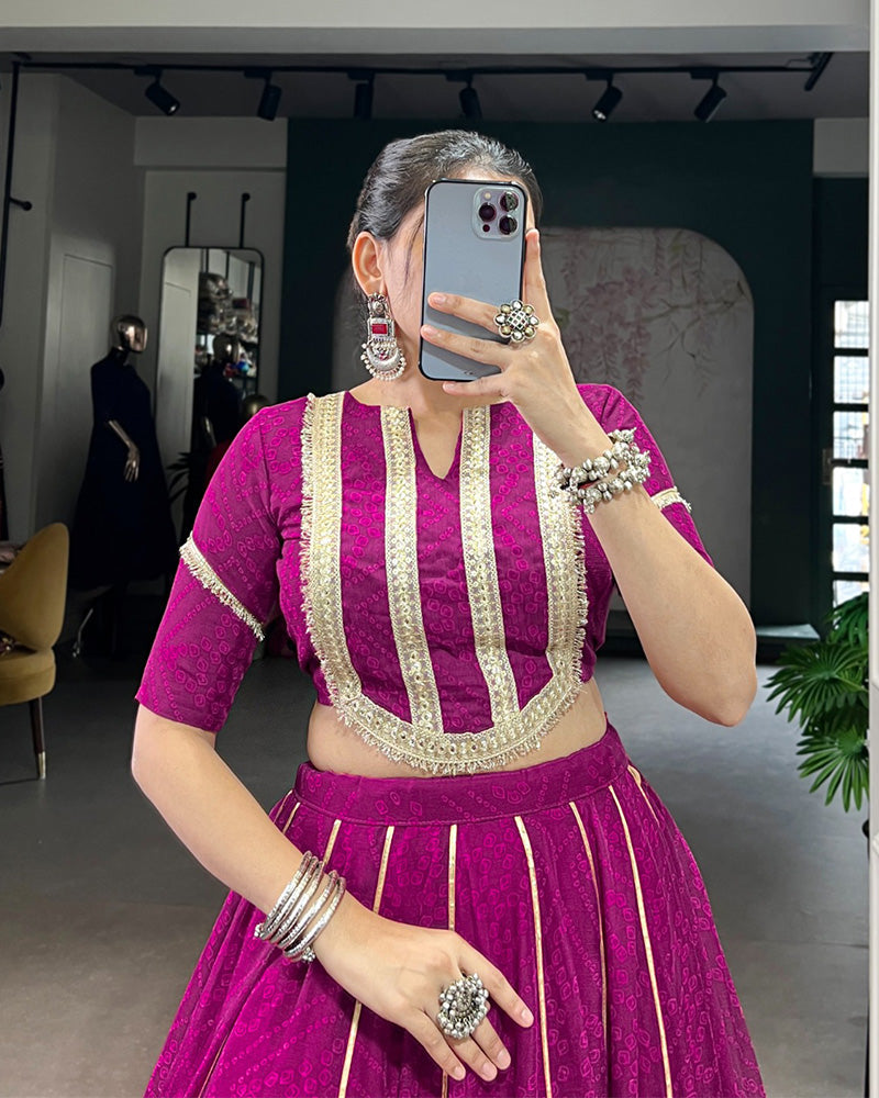 Womenline Wine Color Chiffon Bandhej Printed Navratri Lehenga Choli