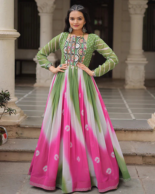 Womenline Green Color Faux Georgette Bandhej Print Navratri Gown