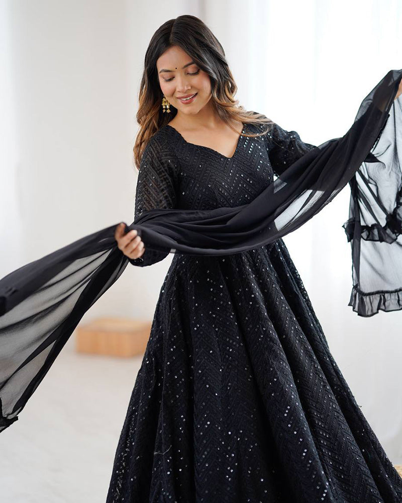 Womenline Black Color Georgette Lucknowi Three Piece Anarkali Suit
