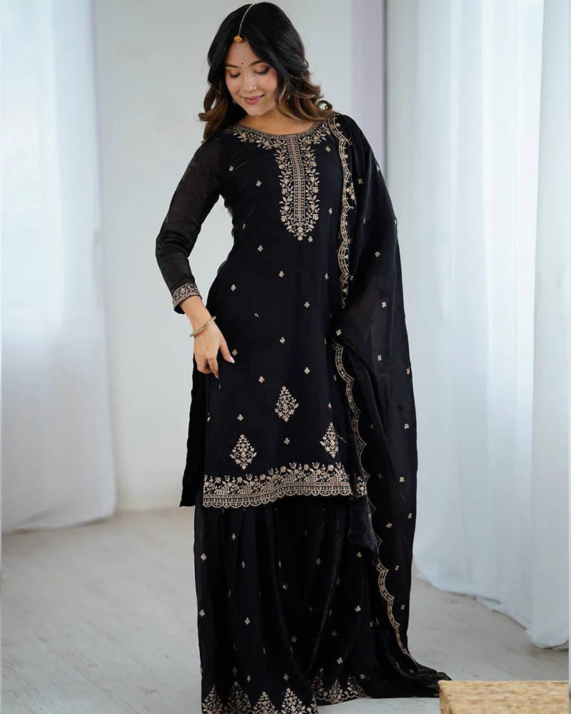 Womenline Black Color Crunchy Silk Sharara Suit