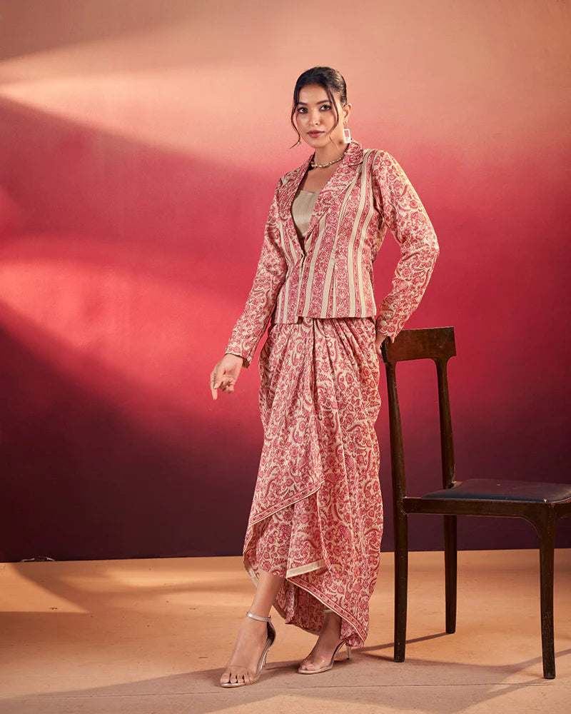 Womenline Salmon Printed Jacket Style Indo-Western Co-Ord Set