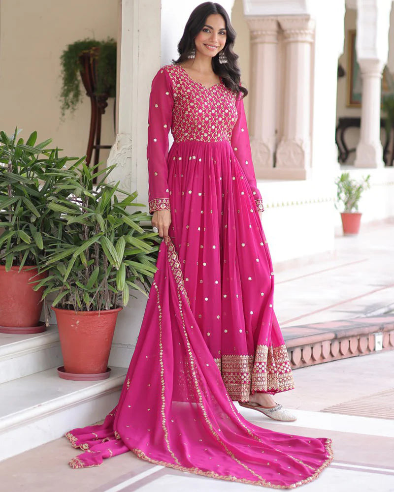 Womenline Hot Pink Color Georgette Embroidered Designer Gown