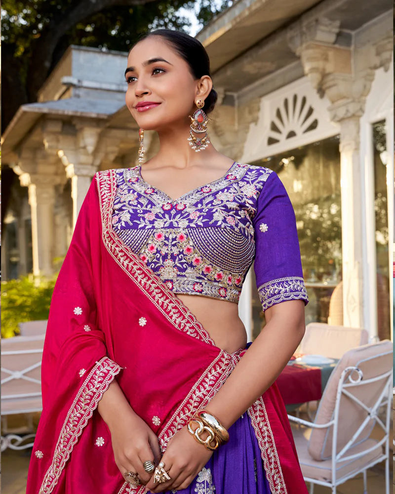 Womenline Purple Color Vichitra Silk Thread Embroidered Lehenga Choli