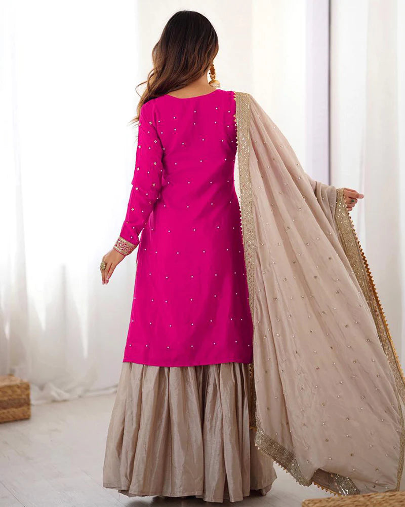 Womenline Pink Color Chinon Silk Embroidered Sharara Suit