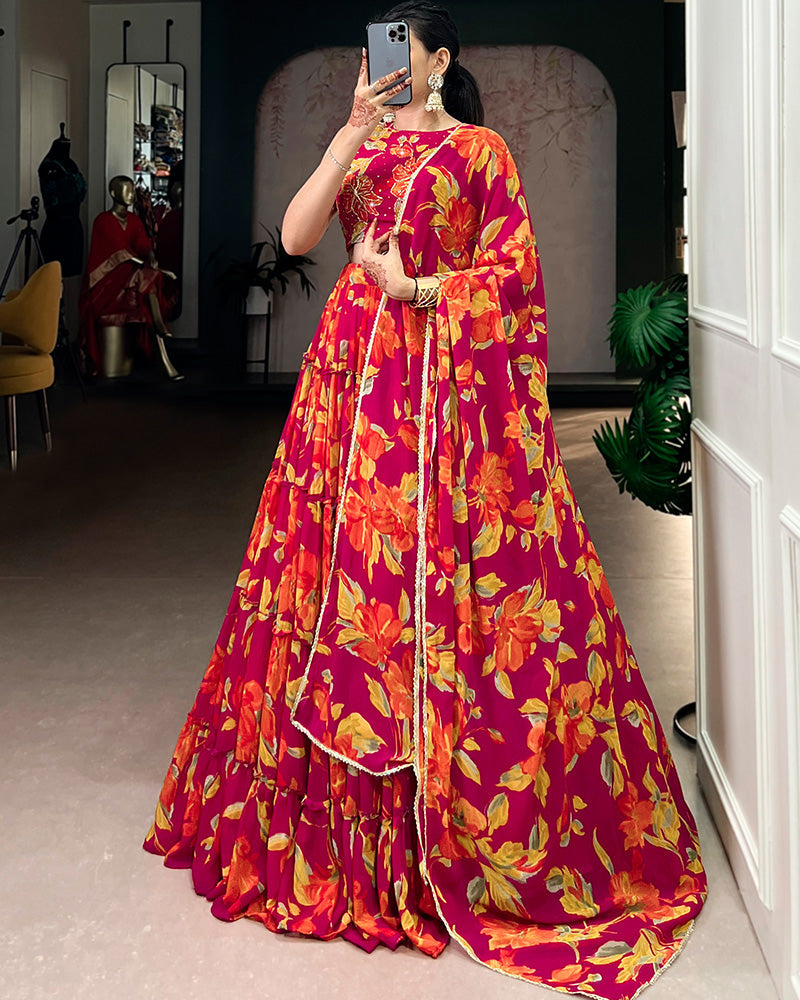 Womenline Pink Color Marble Floral Printed Lehenga Choli