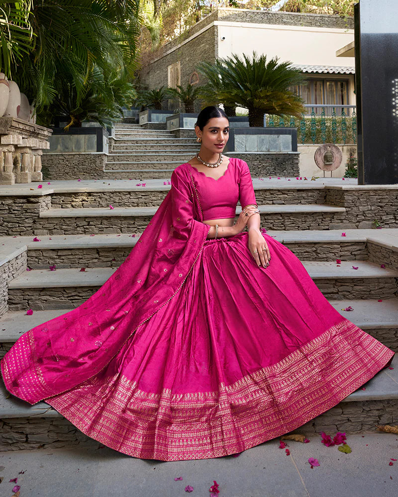 Womenline Pink Color Pure Chanderi Plain Lehenga Choli