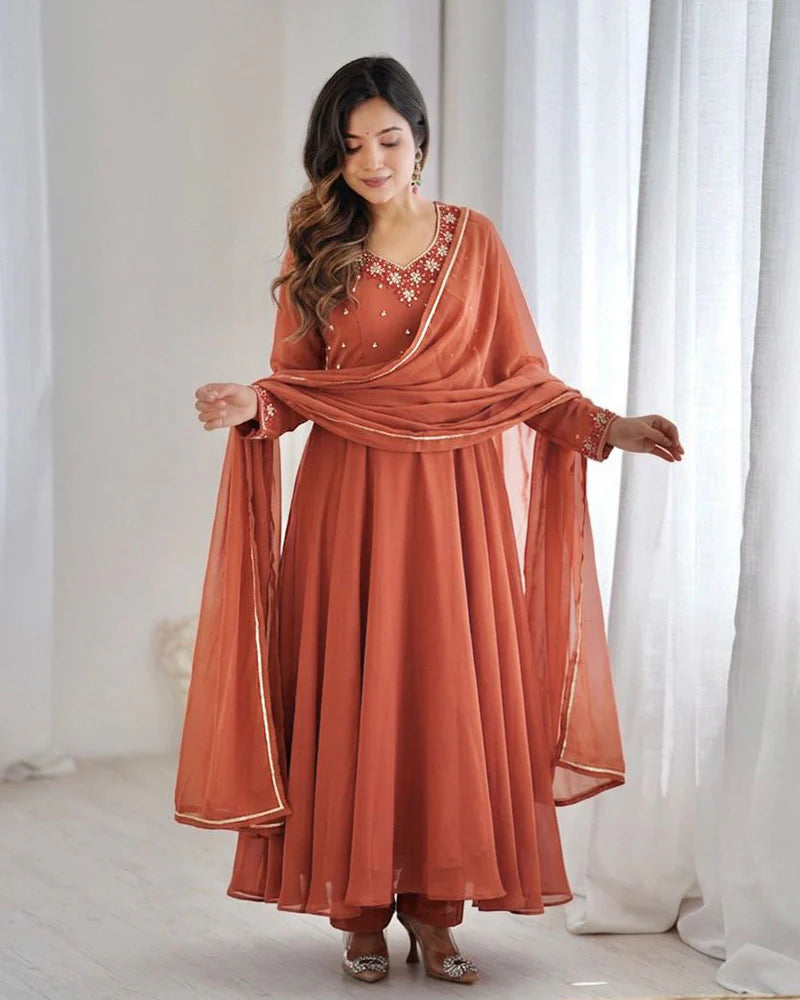 Womenline Rust Orange Color Georgette Three Piece Anarkali Suit