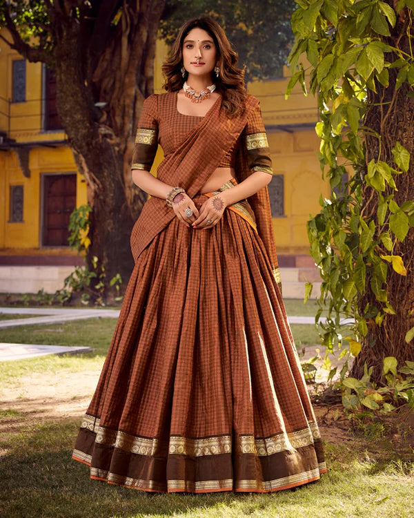 Womenline Rust Orange Color Chettinad Cotton Half Saree