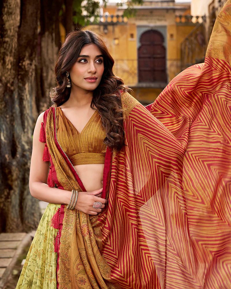 Womenline Copper Color Vichitra Silk Printed Lehenga Choli