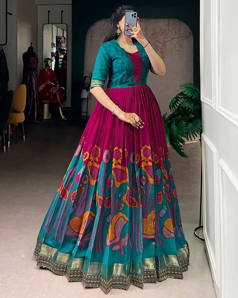 Womenline Pink Color Viscose Chanderi Floral Printed Gown