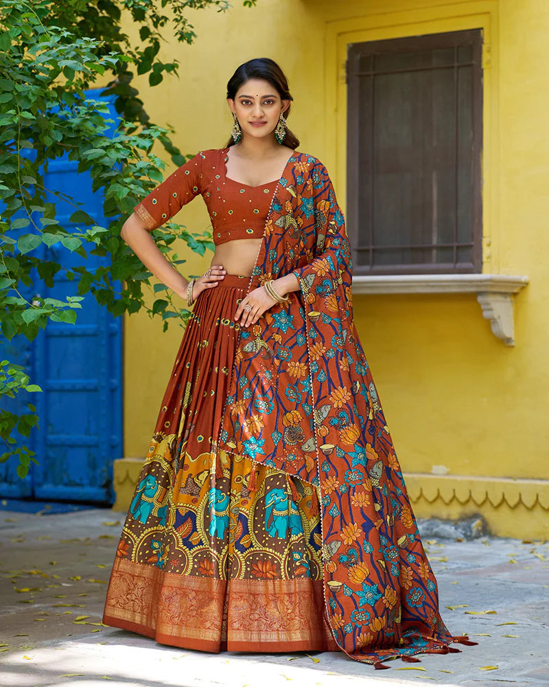 Womenline Rust Orange Color Tussar Silk Kalamkari Printed Lehenga Choli